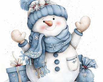 11 種類の愛らしい青い雪だるまのクリップアートセット、かわいい冬のイラスト、印刷可能な水彩画のクリップアート、高品質の JPG、ペーパークラフト、ジャンクジャーナル
