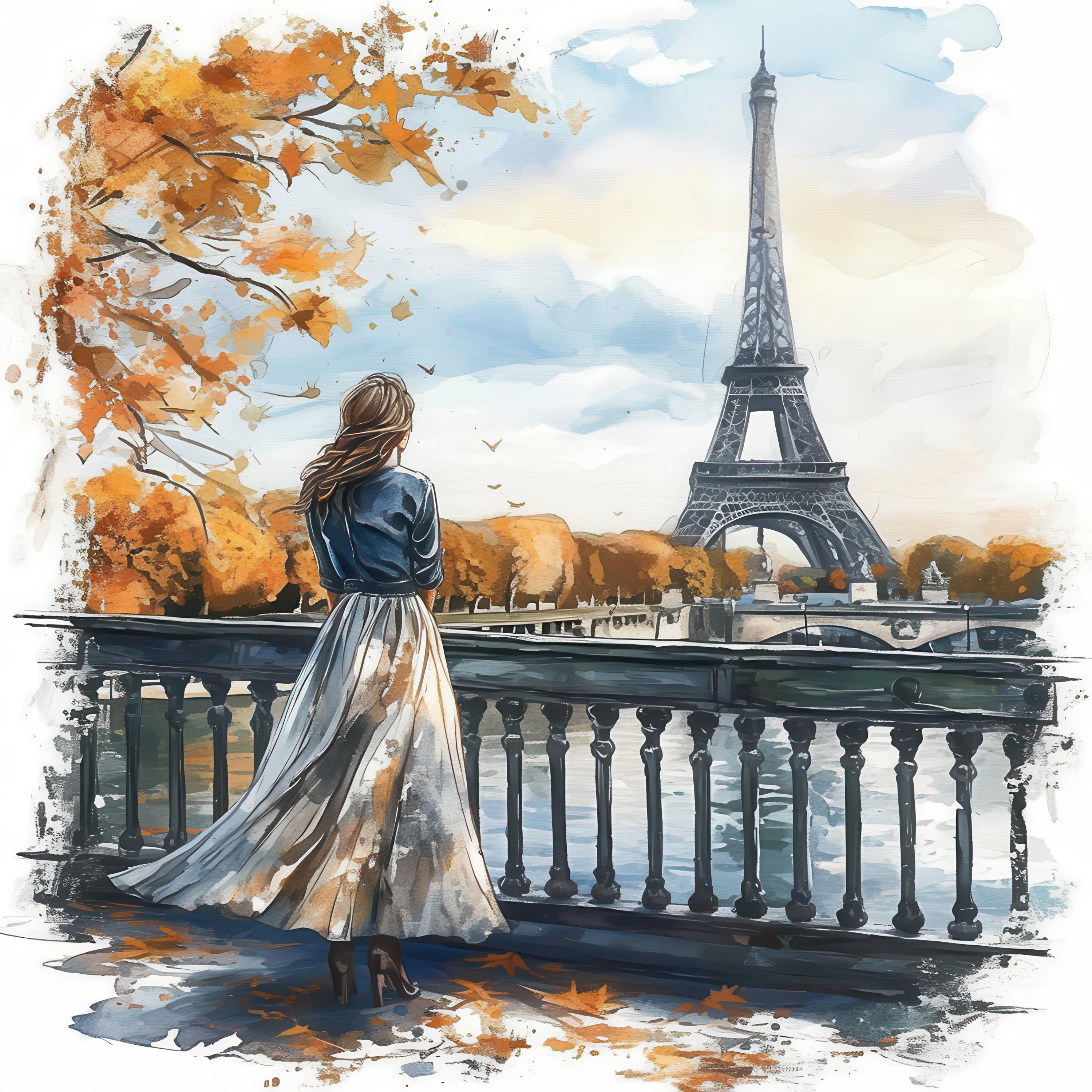 エッフェル塔を眺める女性10人のイラストセット、水彩画のプリント可能