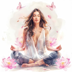 Paquete de 12 imágenes prediseñadas de mujeres meditando, meditación, imágenes prediseñadas de acuarela imprimibles, archivos JPG de alta calidad, diario basura, descarga digital, manualidades de papel
