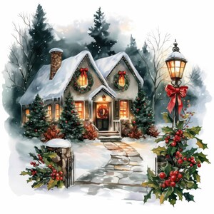 Conjunto de 2 cliparts de casas de Natal, ilustração de casa de inverno, clipart em aquarela para impressão, JPG de alta qualidade, artesanato em papel, diário de sucata