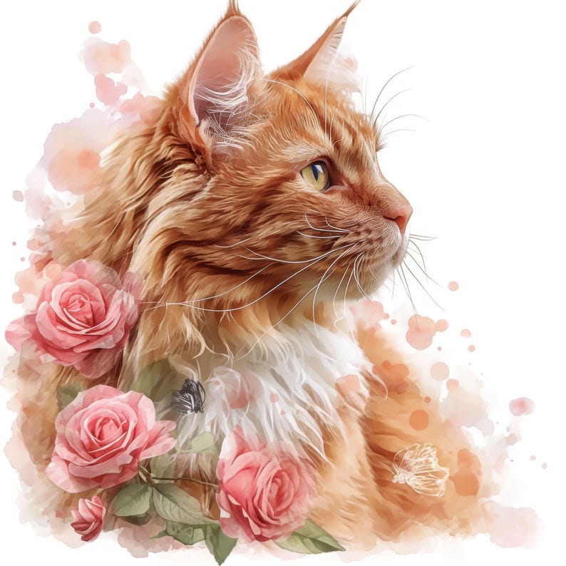 19 Floral Cats Clipart Bundle, Cats in Roses Illustrations, Printable ...