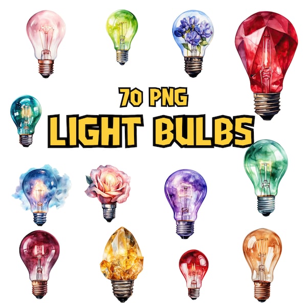 Watercolor Light Bulb Clipart | Colorful Light Bulb Illustrations, Colorful String Lights, PNG Graphics, Instant Download for Commercial Use