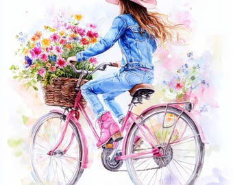 13 Woman on Bicycle Clipart Bundle, Floral Bicycle, Printable Watercolor clipart, High Quality JPGs, Digital download, Paper craft, journals