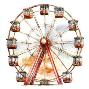 以下が含まれることがあります： 雲のウォーターカラーの背景に、ゴンドラが付いた赤と白の観覧車。観覧車は赤いフレームと白いスポークです。