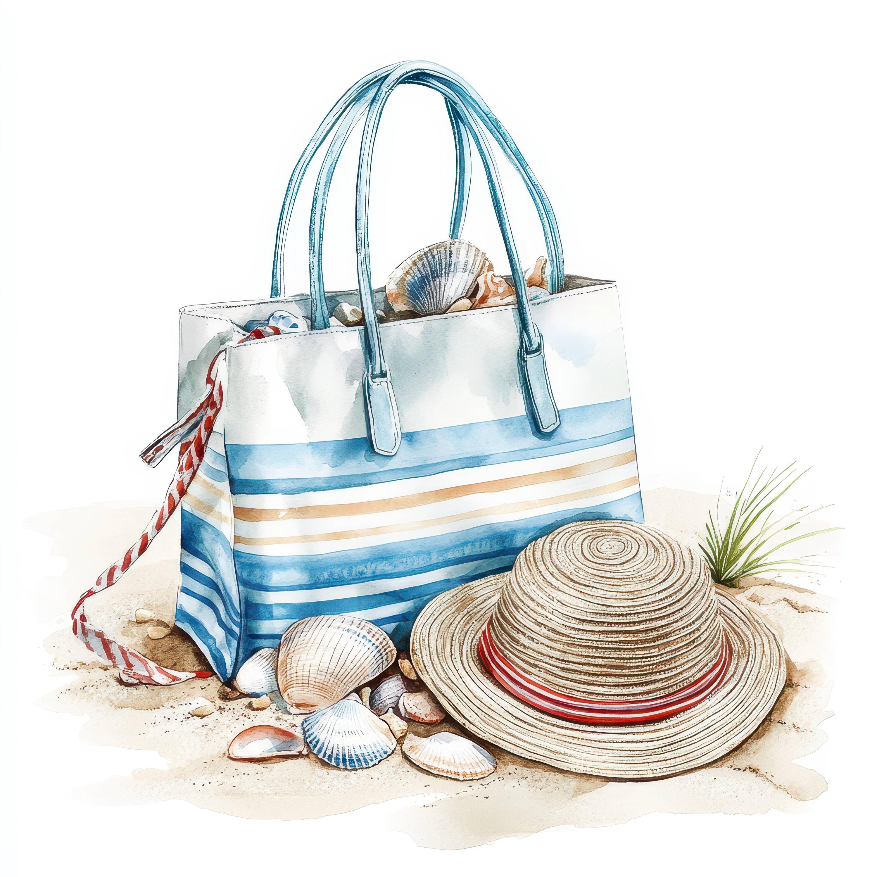 12 Beach bag and Summer Hat Clipart Bundle, Printable Watercolor clipart, High Quality JPGs, Digital download, Paper craft, junk journals