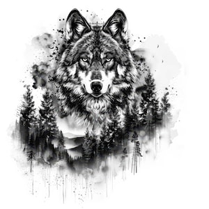 Könnte beinhalten: Schwarzweiß-Illustration eines Wolfskopfes vor einem Waldhintergrund. Der Wolfskopf befindet sich in der Mitte des Bildes und ist von Bäumen umgeben. Die Bäume sind vor einem weißen Hintergrund silhouettiert.