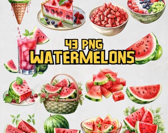 Watercolor Watermelon Clipart Bundle, Summer Fruits Clipart, Food PNG Graphics, Watermelon Slice Illustrations Images, Commercial Use