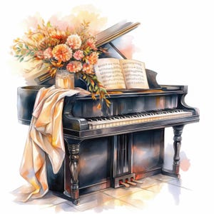 Op de afbeelding: Waterverfillustratie van een zwarte vleugel met een boeket oranje en gele bloemen in een vaas. Bladmuziek rust op de lessenaar van de piano en een gedrapeerde doek voegt een zachte toets toe.