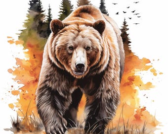 9 Grizzly Bear Clipart Bundle, Bear in Nature Images Illustration, Printable Watercolor Clipart, High Quality JPG, Paper craft, Junk Journal