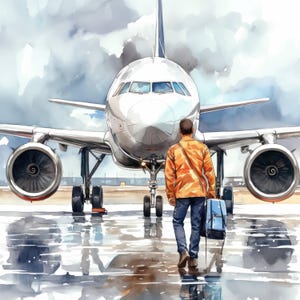 10 Airplane Airport Clipart Bundle, Passenger Flight Illustrations, Printable Watercolor Clipart, High Quality JPG, Paper craft, Journaling