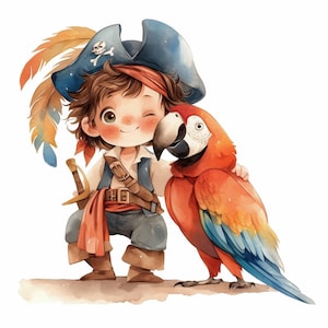 Paquete de 12 imágenes prediseñadas de piratas de dibujos animados, linda ilustración de piratas, imágenes prediseñadas de acuarela imprimibles, JPG de alta calidad, manualidades de papel, diarios basura
