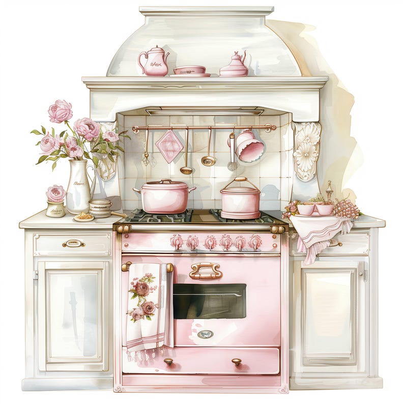 vintage floral kitchen scene clipart set graphic by... 13 Vintage Floral Kitchen Clipart, Shabby Chic, Printable Watercolor ...