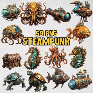 May include: A collection of 59 steampunk-themed PNG images featuring various creatures, vehicles, and objects. The images include a submarine, an octopus, a seahorse, a turtle, a fish, a chest, and more. The images are all in a steampunk style, with intricate details and a vintage aesthetic.