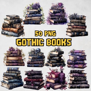 Watercolor Gothic Books Clipart Bundle, Painted Gothic Book Clipart Set, Gothic Book Images Illustrations, Book PNG Graphics, Commercial Use