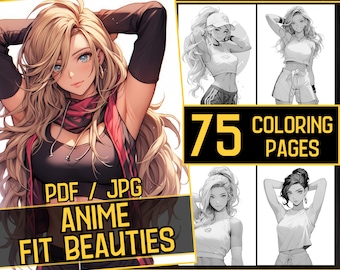 Könnte beinhalten: Ein digitaler Download von 75 Malvorlagen mit Anime-Frauen in sportlichen Posen. Das Titelbild zeigt eine Frau mit langen blonden Haaren, die ein rot-schwarzes Outfit trägt. Der Text "PDF / JPG ANIME FIT BEAUTIES" ist auf dem Cover abgebildet.