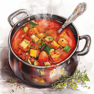 Puede incluir: Ilustración en acuarela de una olla de sopa de verduras. La sopa es de color rojo vibrante y contiene trozos de calabaza amarilla, calabacín y tomates. Una cuchara de plata descansa en la sopa y sale vapor de la olla. Una ramita de hierbas está en primer plano.