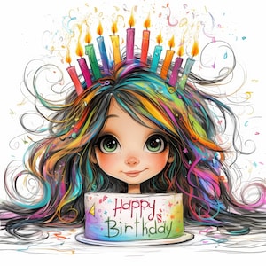 13 Clipart di fantasiose bambine di compleanno, illustrazioni per feste, clipart di acquerelli stampabili, JPG di alta qualità, creazioni di carta, diari di scarto