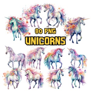 Clipart Jednorożce Akwarelowe | Słodkie, Urocze, Magiczne, Fantastyczne i Tęczowe Ilustracje Jednorożców | Natychmiastowe Pobieranie do Użytku Komercyjnego