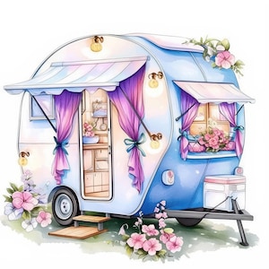 18 Cozy Caravan Clipart Bundle, Camping Images Illustrations, Printable Watercolor Clipart, High Quality JPG, Paper craft, Junk Journals