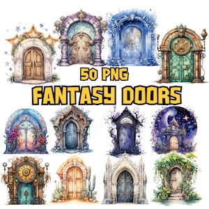 Bundle d'Images Clipart aquarelle portes fantastiques, porte magique Clipart ensemble, Illustrations de porte de fée, graphique PNG pour porte de jardin, usage Commercial