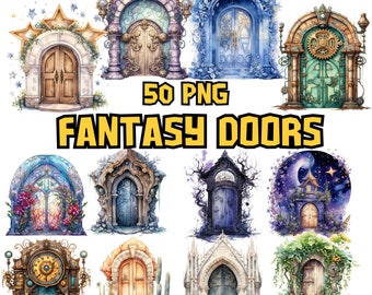 Watercolor Fantasy Doors Clipart Images Bundle, Magical Door Clipart Set, Fairy Door Illustrations,Garden Door PNG Graphics, Commercial Use
