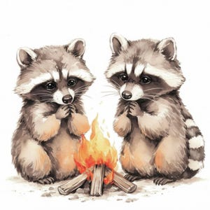 Lot de 17 cliparts raton laveur près du feu de camp, illustrations de camping, clipart aquarelle imprimable, JPG haute qualité, créations en papier, journaux indésirables