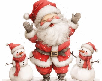 14 Santa and Snowmen Clipart Bundle, Christmas Winter Card Images, Printable Watercolor Clipart, High Quality JPG, Paper craft, Junk Journal
