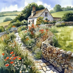 Paquete de 13 imágenes prediseñadas de paisajes de pueblos, ilustraciones florales de pueblos, imágenes prediseñadas de acuarela imprimibles, JPG de alta calidad, manualidades de papel, uso comercial