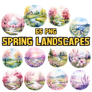 Clipart di paesaggi primaverili ad acquerello / Scene primaverili accoglienti, fiori di ciliegio, illustrazioni di alba / Download immediato per uso commerciale