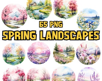 水彩画の春の風景クリップアート | 心地よい春の風景、桜、日の出のイラスト | 商用利用のための即時ダウンロード