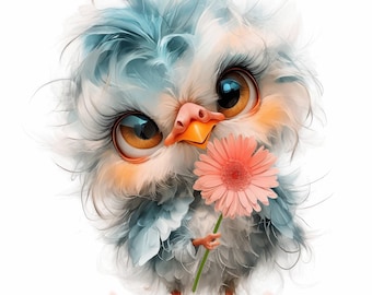 May include: A fluffy blue and white bird with large eyes holds a pink flower. The bird has a yellow beak and is looking at the flower.