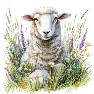 8 Sheep in Lavenders Clipart Images Bundle, Printable Watercolor Illustrations, High Quality JPGs, Paper craft, junk journals, Card Making