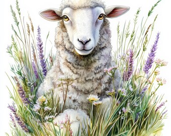 Zestaw 8 obrazków clipart "Owce w lawendzie", ilustracje akwarelowe do druku, wysokiej jakości pliki JPG, prace papierowe, dzienniki ze śmieciami, tworzenie kartek