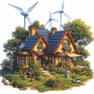 Puede incluir: Ilustración de una casa encantadora con paneles solares en el tejado y aerogeneradores al fondo. La casa está rodeada de exuberante vegetación, plantas en macetas y un césped bien cuidado, creando un tema de vida sostenible.