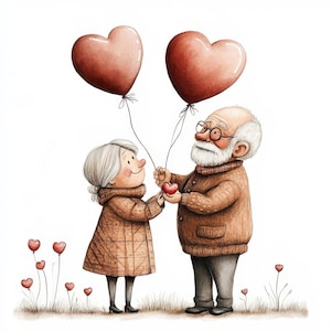 Puede incluir: Ilustración en acuarela de una pareja de ancianos sosteniendo un objeto en forma de corazón. Dos grandes globos en forma de corazón flotan sobre ellos. La pareja viste ropa cálida de color marrón, sobre un fondo blanco con decoraciones en forma de corazón.