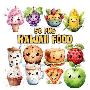 Watercolor Kawaii Food Clipart | Milkshake, Apple, Pizza, Bread, Cupcake, Cookie, Corn,  Illustration | Instant Download for Commercial Use