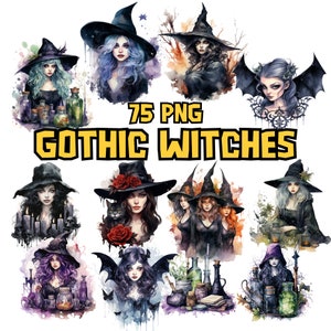 Watercolor Gothic Witches Clipart PNG | Dark Witch, Magic Fantasy, Gothic Witchy Images Illustrations | Instant Download for Commercial Use