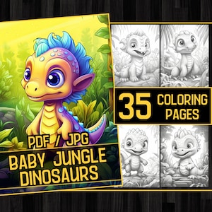 Jungle Baby Dinosaurs 35 Coloring Page Book, Adults kids Instant Download, Grayscale Coloring Pages, Printable PDF, woodland baby dinosaurs