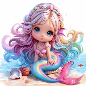 14 Cute Mermaid Clipart Bundle, Mermaid Girl Print Illustrations, Printable Watercolor Clipart, High Quality JPG, Paper craft, Junk Journals