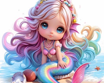 14 Cute Mermaid Clipart Bundle, Mermaid Girl Print Illustrations, Printable Watercolor Clipart, High Quality JPG, Paper craft, Junk Journals