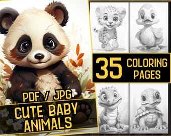 Cute Baby Animals 35 Coloring Page Book, Adults kids Instant Download, Grayscale Coloring Pages, Printable PDF, animal coloring , grayscale