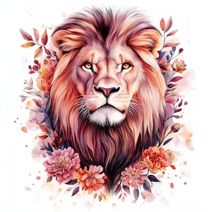 Paquete de 11 imágenes prediseñadas de leones florales, ilustraciones de animales con acuarela para imprimir, archivos JPG de alta calidad, descarga digital, manualidades de papel, diarios basura