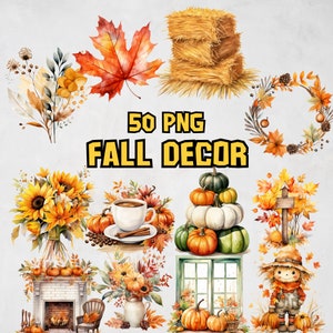 Watercolor Fall Decor Clipart Bundle, Cozy Autumn And Fall Decor Set, Pumpkin, Wreath, Leaves PNG Graphic Illustrations, Commercial Use