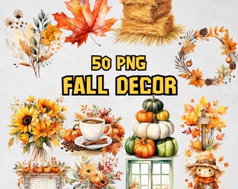 Pacchetto di clipart di decorazioni autunnali ad acquerello, set di decorazioni autunnali accoglienti, zucca, ghirlanda, foglie, illustrazioni grafiche PNG, uso commerciale