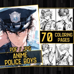 Anime Police Boys Adult Coloring Book 70 policemen Coloring Pages, Grayscale Policeman Anime Manga Coloring, Instant Download, Printable PDF