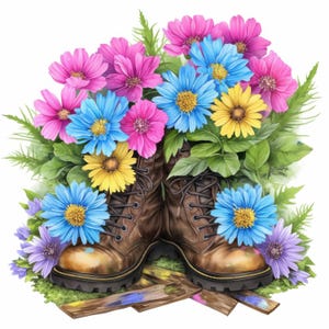 10 Colorful Floral Boots Clipart Bundle, Boots and Flowers Illustrations, Printable Watercolor Graphics, High Quality JPG, Junk Journals