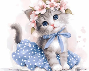 11種類の子猫ファッションクリップアートセット、ドレスを着た猫の