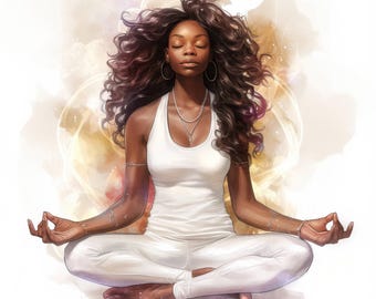 Paquete de 15 imágenes prediseñadas de mujeres negras meditando, imágenes prediseñadas de acuarela imprimibles, archivos JPG de alta calidad, diario basura, descargas digitales, manualidades de papel