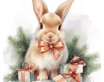 10 Christmas Bunny Clipart, Elegant Bunny Printable Set, Printable Watercolor Clipart, Instant Digital Download, Scrapbooking, Junk Journals