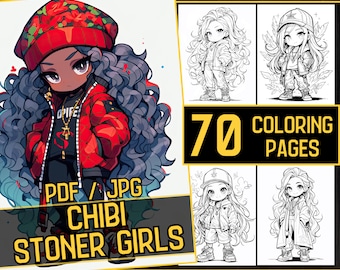 Könnte beinhalten: Ein Set mit 70 Malvorlagen mit Chibi-Stoner-Mädchen. Das Titelbild zeigt ein Mädchen mit langen, lockigen Haaren, das eine rote Jacke, eine schwarze Hose und eine rote Mütze mit Blumenmuster trägt. Der Text "PDF / JPG CHIBI STONER GIRLS" befindet sich am unteren Rand des Bildes.